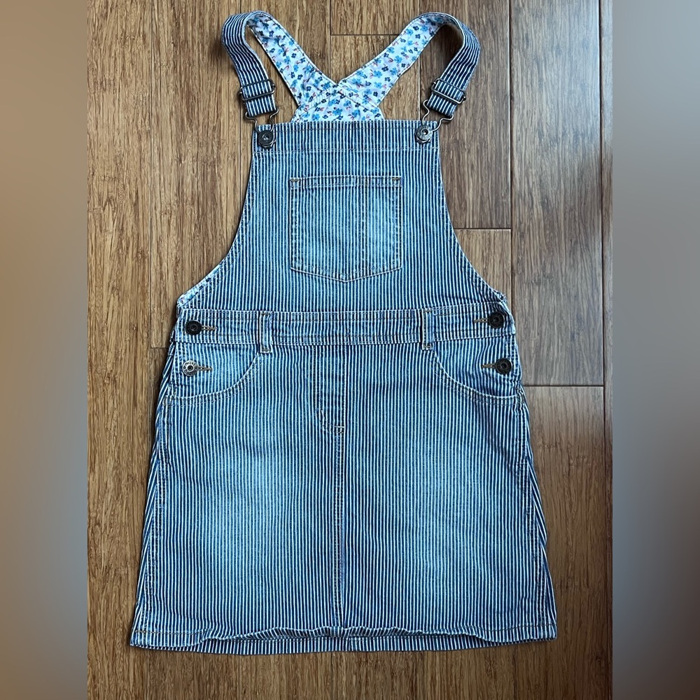 Mini Boden 9-10 Years Denim Dress Skirt Overalls Hearts Pockets Stripe  1029